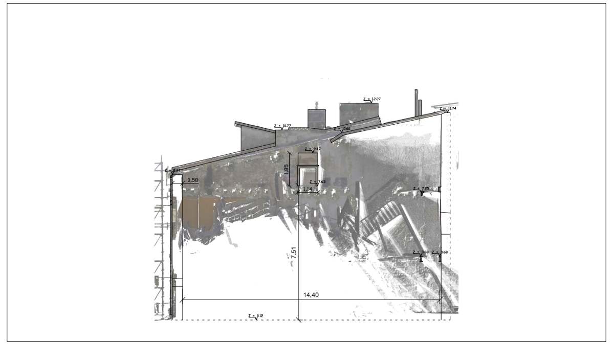 coupe_batiment_releve_3d Coupe architecturale de bâtiment issue d’un relevé 3D avec dimensions et altimétrie