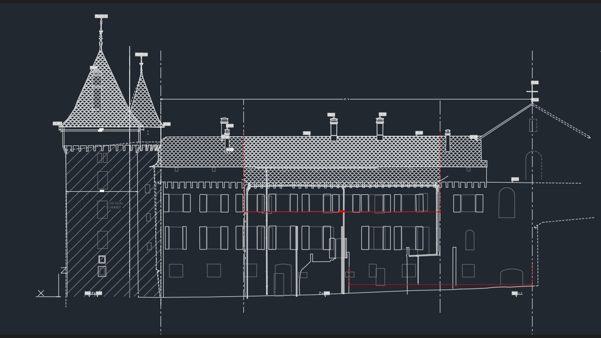 plan_facade_batiment_releve_3d Plan de façade de bâtiment issu d’un relevé 3D avec détails architecturaux et altimétrie