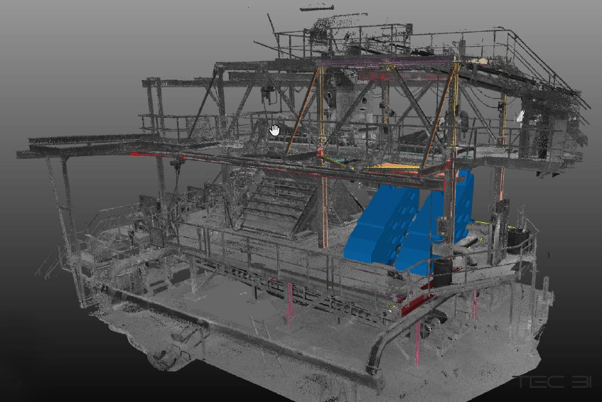 analyse-integration-machine-scan-3d Insertion d’un équipement industriel dans un nuage de points 3D pour analyse d’intégration et contrôle d’encombrement