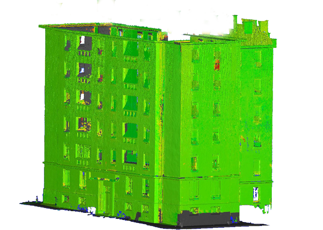 Contrôle 3D par scan laser de façade Contrôle 3D par scan laser avec cartographie couleur des écarts sur façade de bâtiment