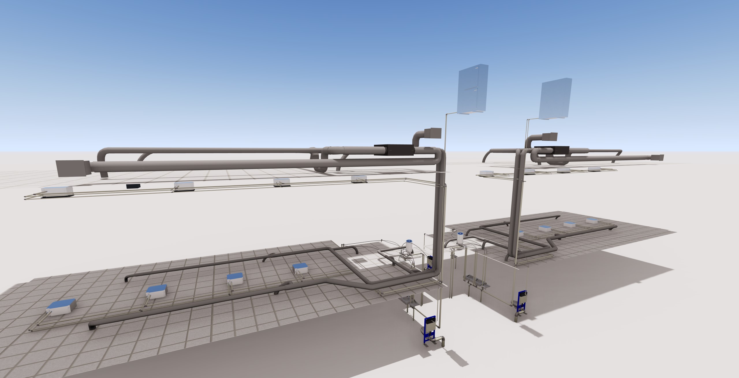 Réseaux CVC et plomberie modélisés dans une maquette BIM DOE LOD 350 d'un centre logistique réalisée à partir de plans d'exécution