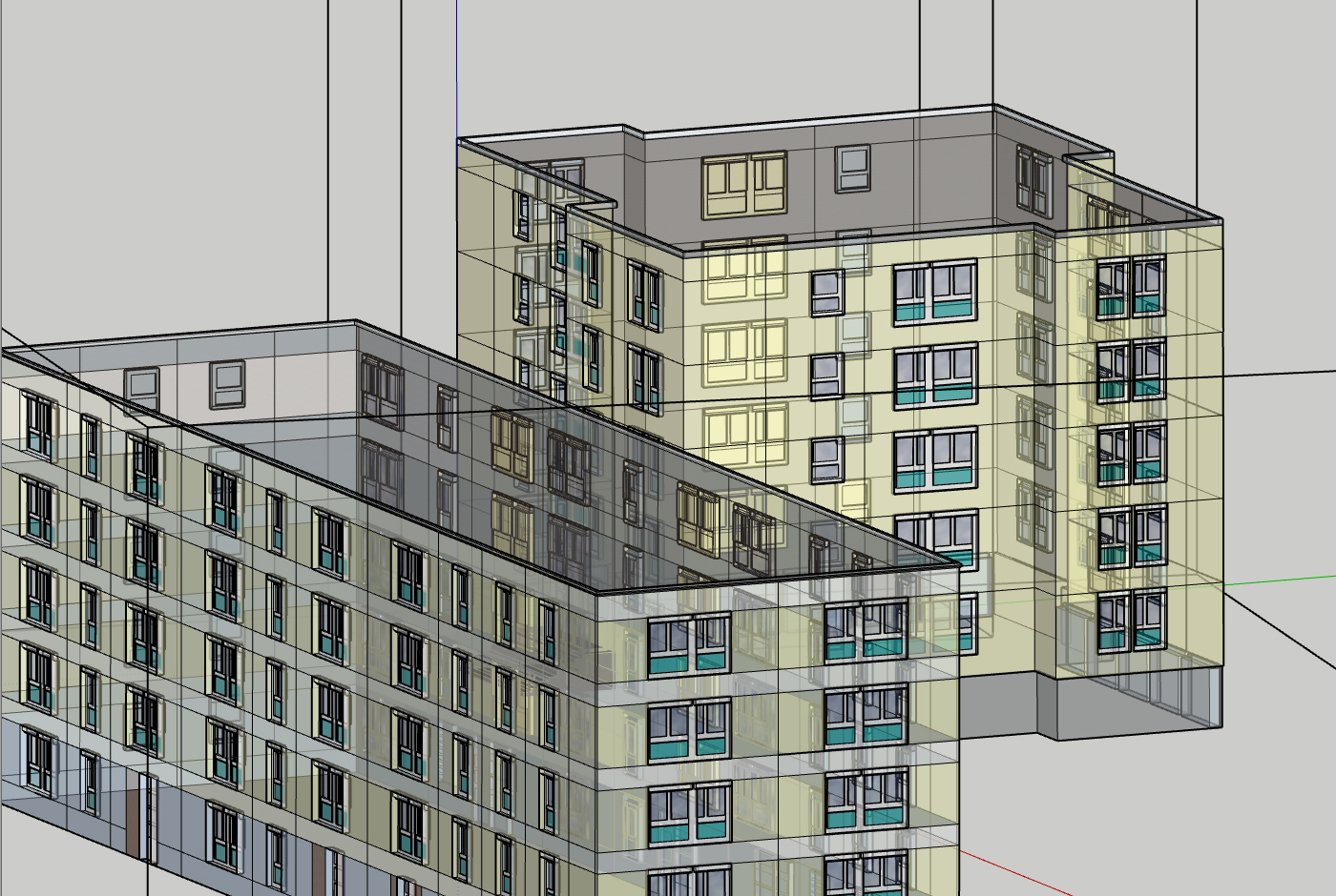 Maquette 3D d'immeubles résidentiels utilisée pour la production de plans de façades à partir d'un relevé scan 3D et drone