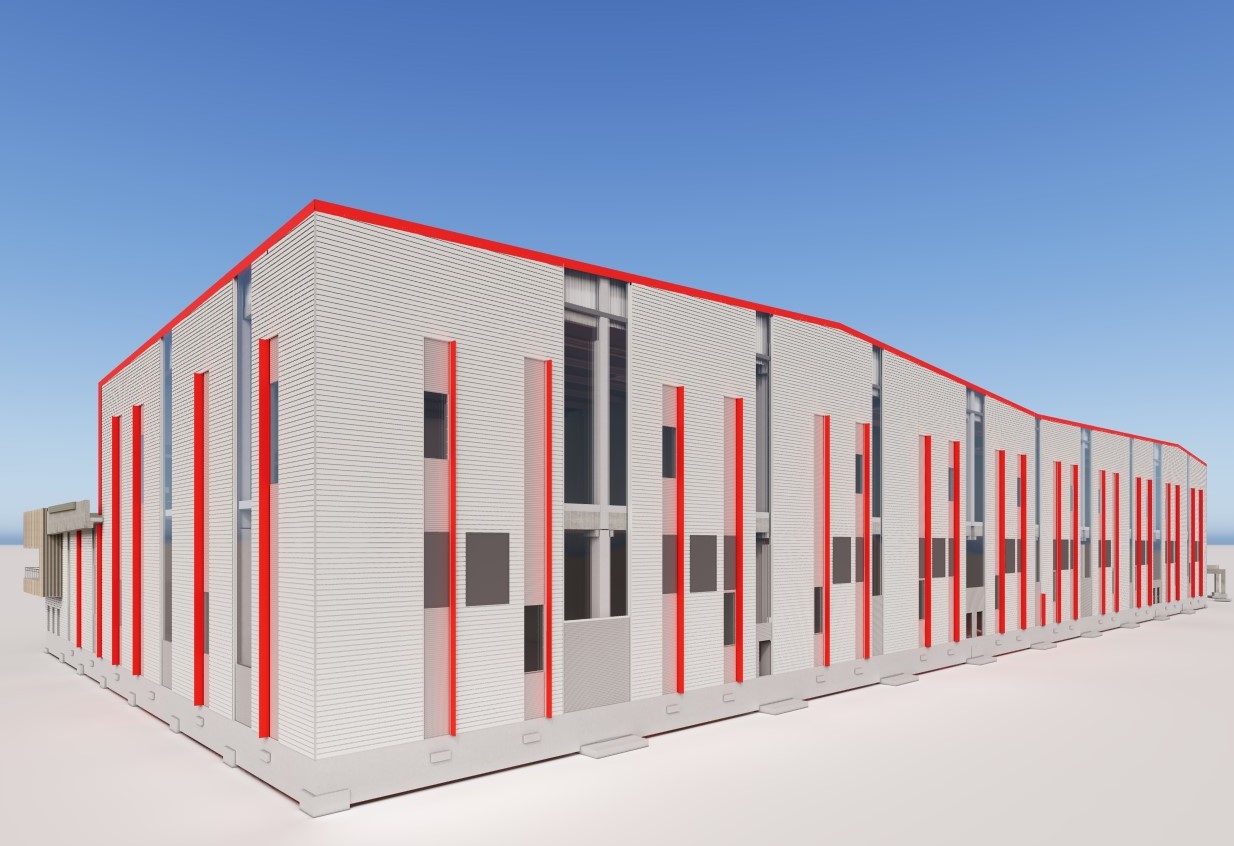 Façades et bardages modélisés dans une maquette BIM DOE LOD 350 d'un centre logistique réalisée à partir des plans d'exécution du projet