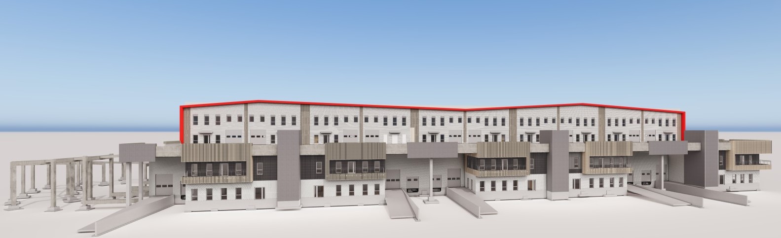 Maquette BIM DOE LOD 350 d'un centre logistique avec quais de chargement réalisée à partir de plans d'exécution multi-lots et documents techniques